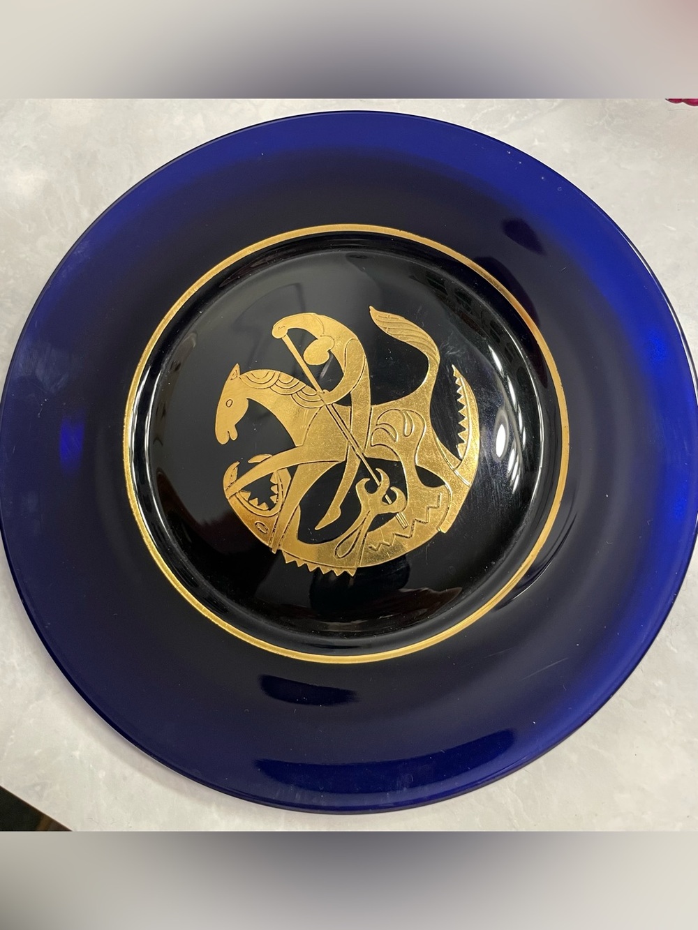 Vintage 1972 Cobalt Blue & Decorative Plate with Gilt Gold Equestrian Motif